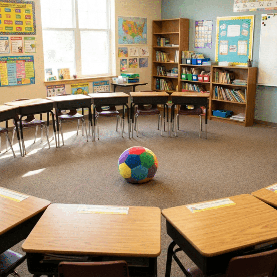 Classroom setup for silent ball, an indoor recess game using a soft foam ball and desks arranged in a circle
