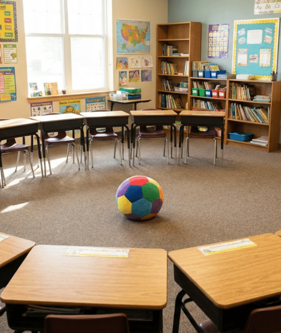 Classroom setup for silent ball, an indoor recess game using a soft foam ball and desks arranged in a circle