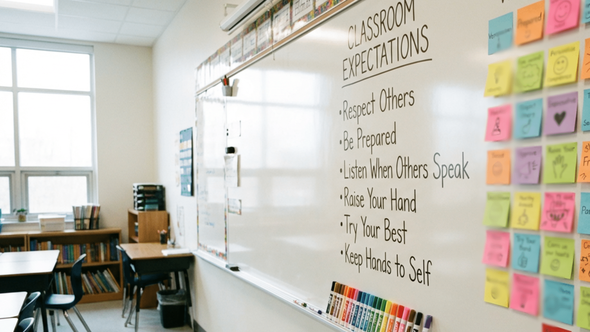 Classroom whiteboard displaying student-created expectations and rules