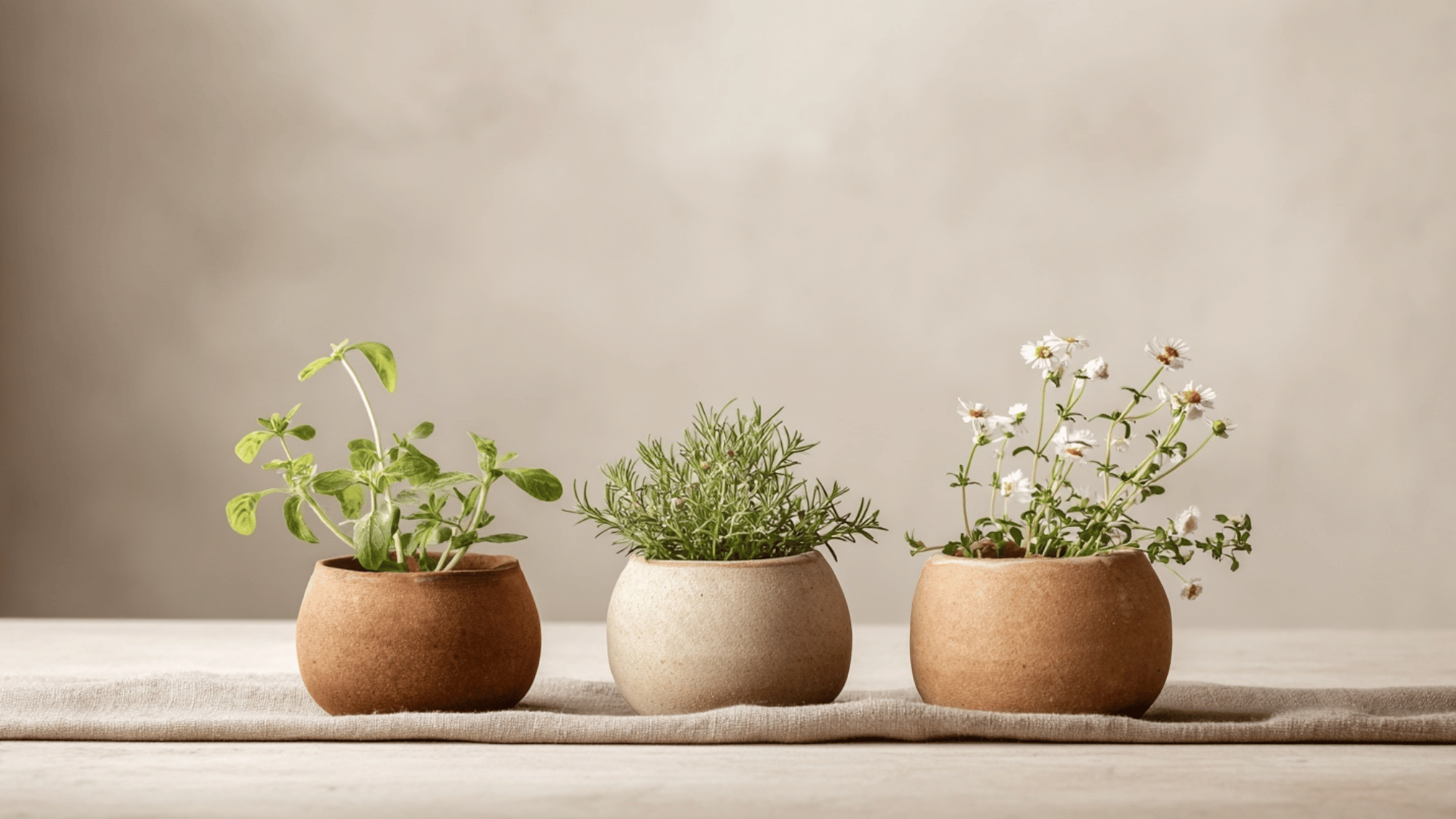 Clay pots with herbs on a simple table