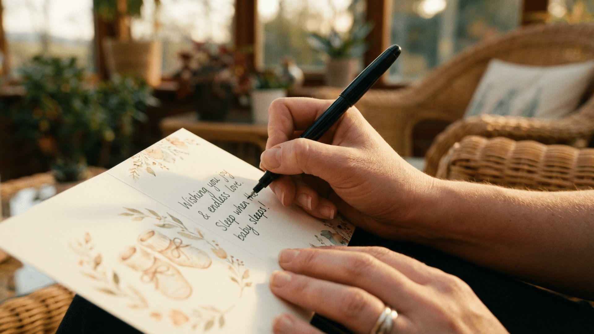 Close-up of a baby shower advice card with a message being written