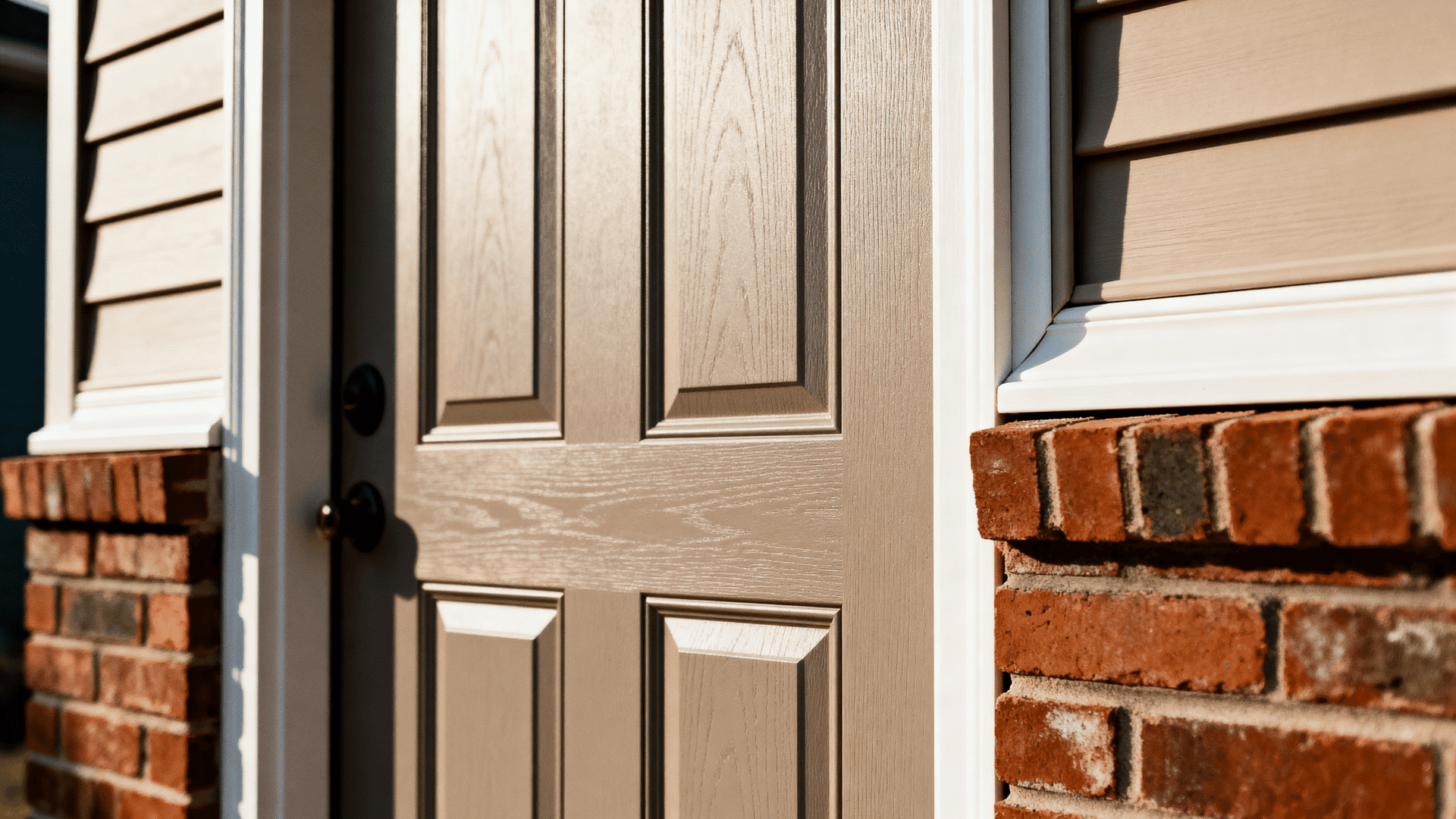 Close-up of a beige exterior front door with panels, set in a brick wall with siding, showing trim detail and sunlight casting shadows