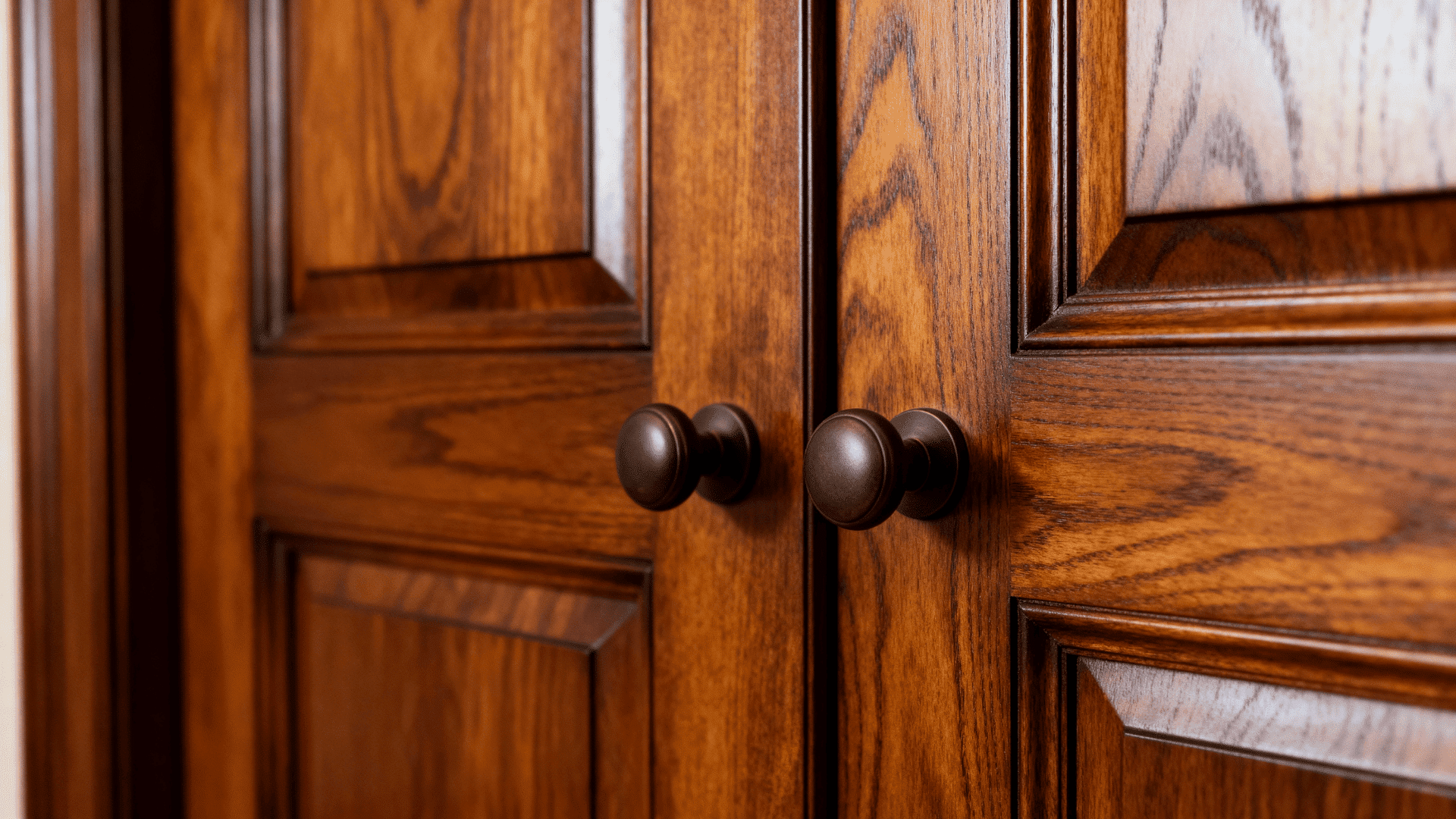 Close-up of solid wood double doors with rich grain panels and round dark knobs, showcasing classic craftsmanship and warm tones