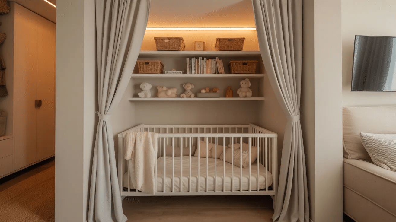 Closet transformed into small nursery nook.