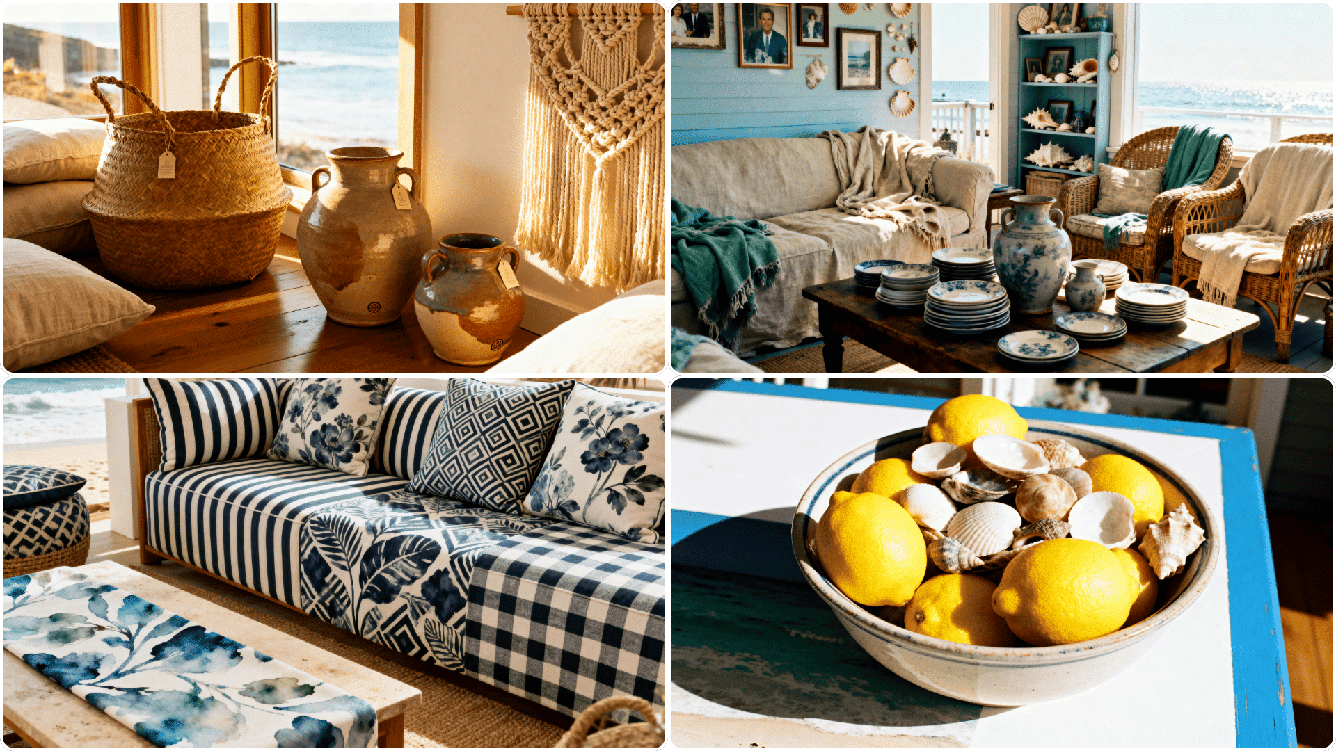 Coastal home decor with woven baskets, ceramic vases, striped sofa, blue accents, shells, and lemons creating a bright, relaxed beach-inspired space
