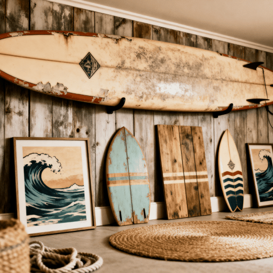 Coastal interior styling with layered textures, blue and white patterns, natural materials, and sunlit accents creating a relaxed beach-inspired space