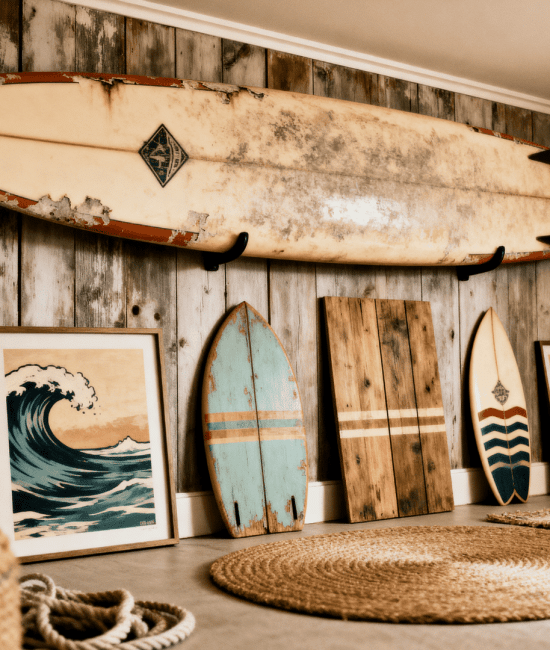 Coastal interior styling with layered textures, blue and white patterns, natural materials, and sunlit accents creating a relaxed beach-inspired space