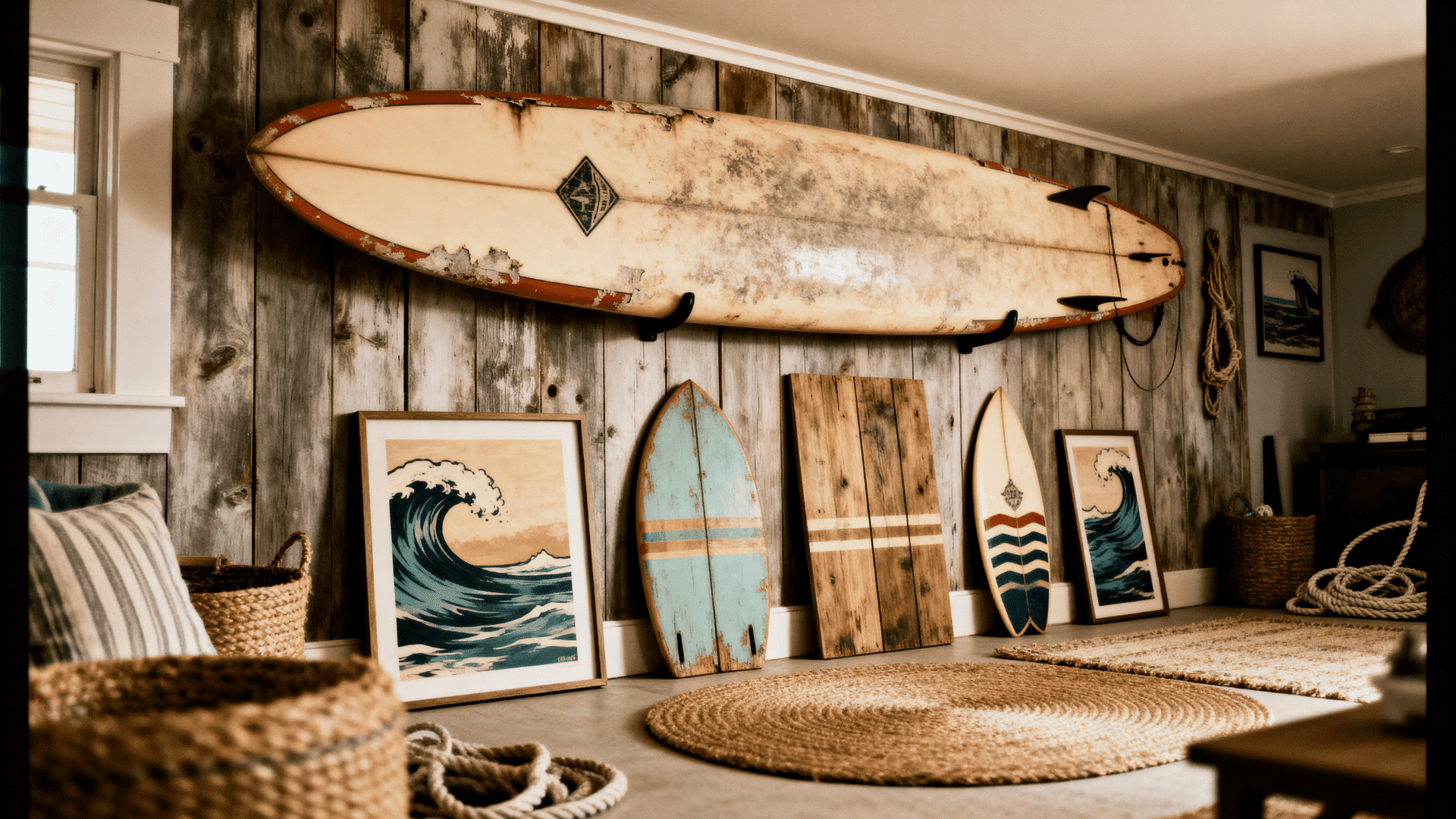 Coastal interior styling with layered textures, blue and white patterns, natural materials, and sunlit accents creating a relaxed beach-inspired space