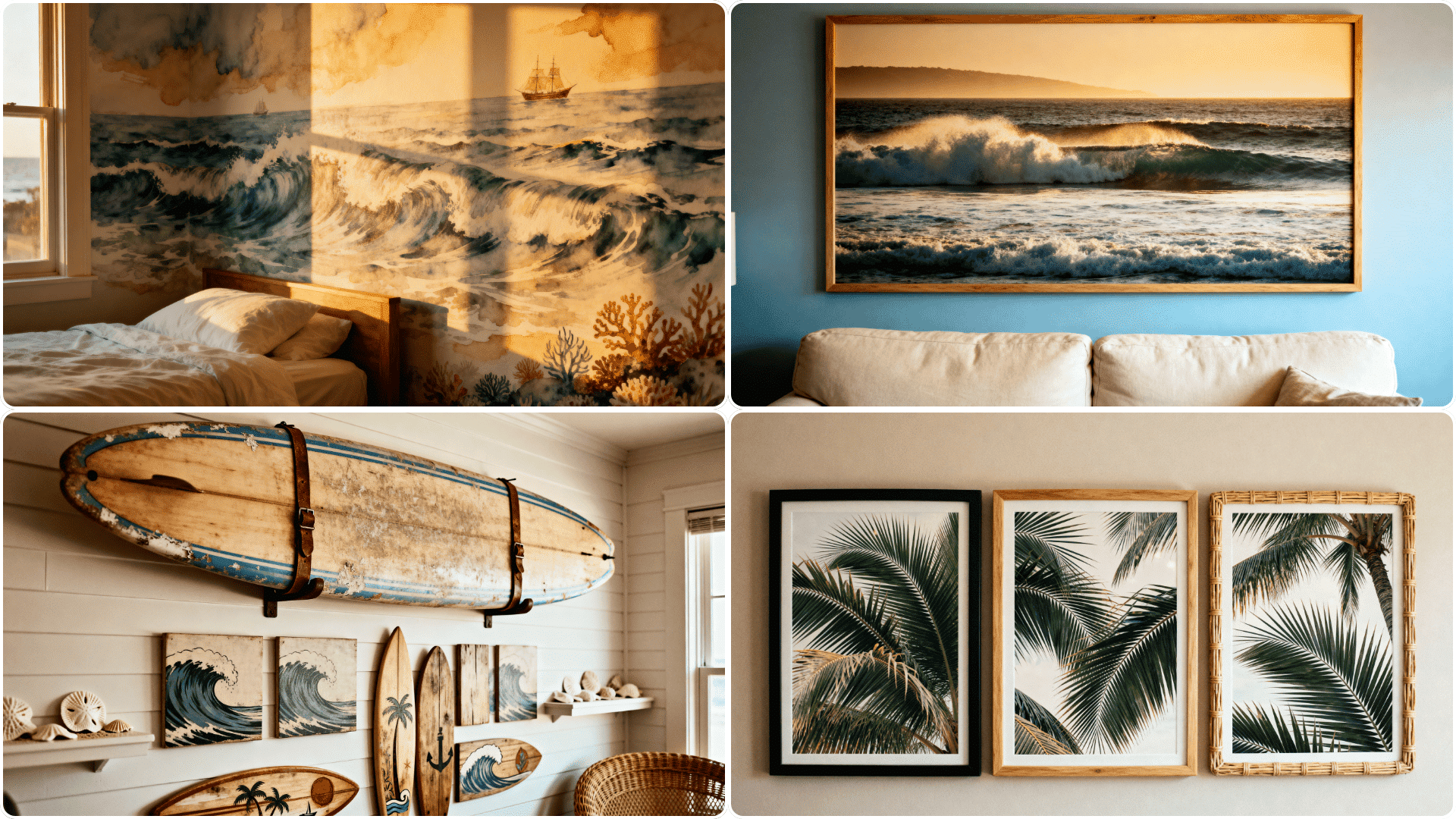 Coastal wall decor with ocean artwork, surfboards, palm prints, and beach-inspired accents creating a relaxed seaside interior style
