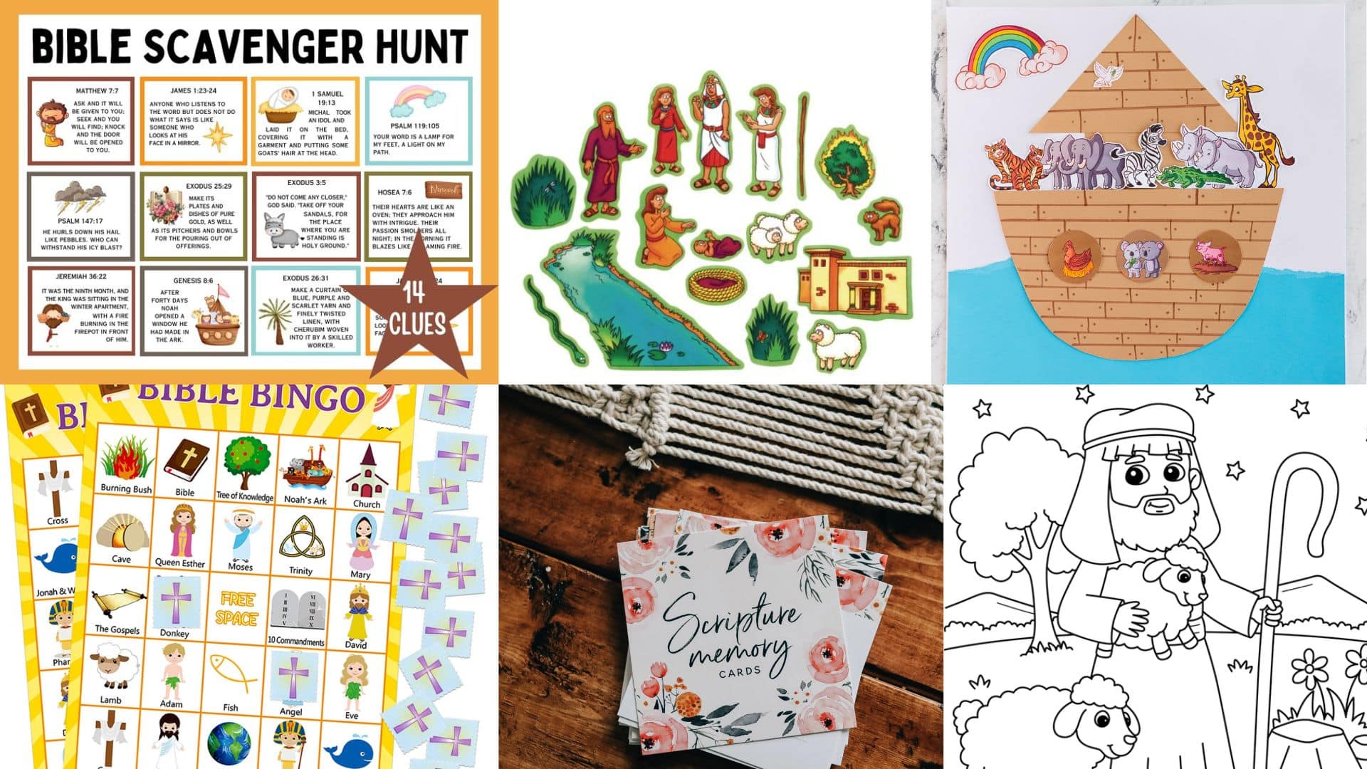 Collage of bible activities for kids including scavenger hunt, Noah’s Ark craft, Bible bingo, scripture memory cards, and coloring page