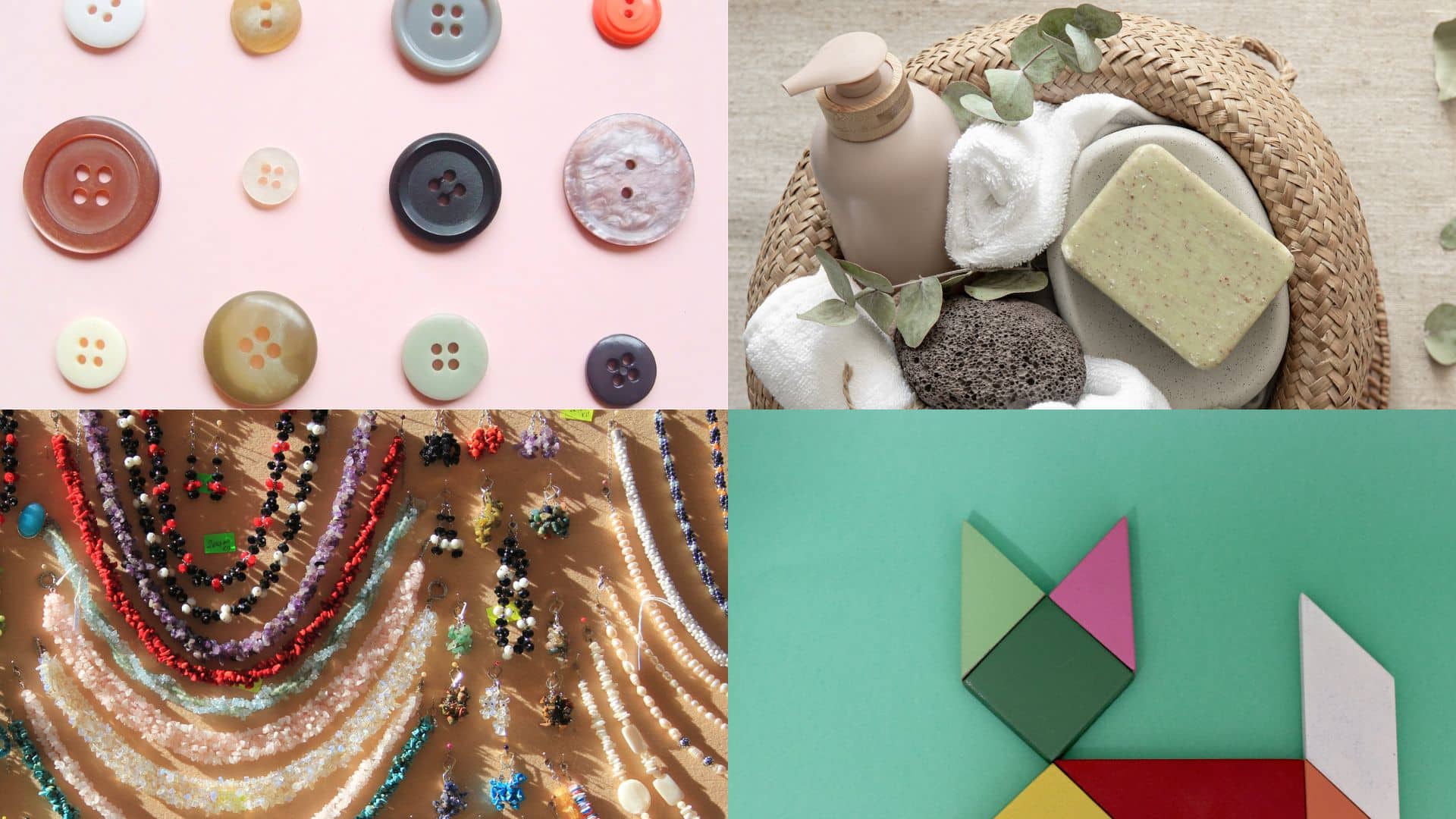 Collage of buttons, bath items, beaded necklaces, and tangram shapes for counting and sorting in preschool math activities.