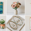 Collage of canvas art, paper flowers, macramé, pots, jewelry, and calendar crafts