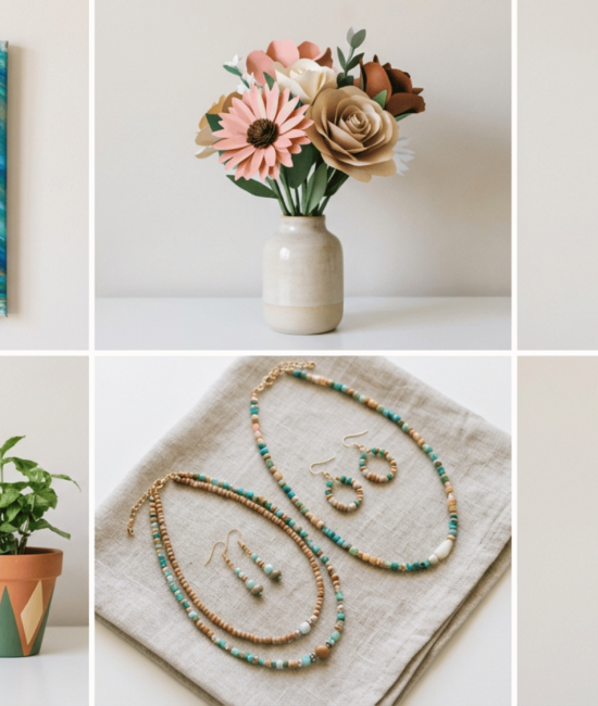 Collage of canvas art, paper flowers, macramé, pots, jewelry, and calendar crafts