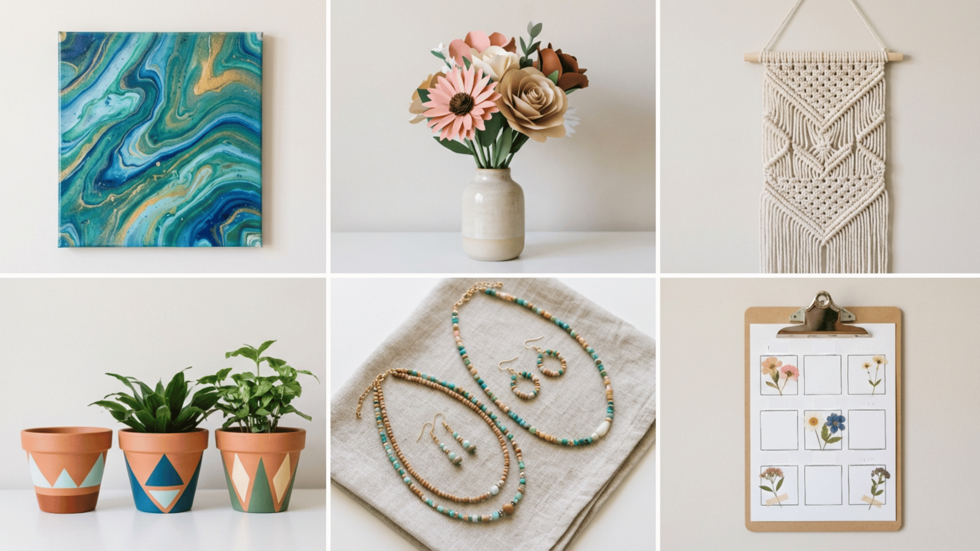 Collage of canvas art, paper flowers, macramé, pots, jewelry, and calendar crafts