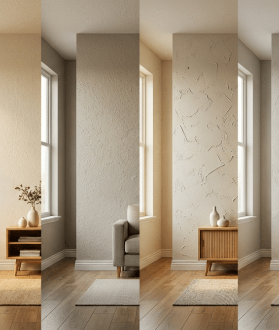 Collage of drywall wall textures used in homes including smooth, orange peel, knockdown, and skip trowel finishes