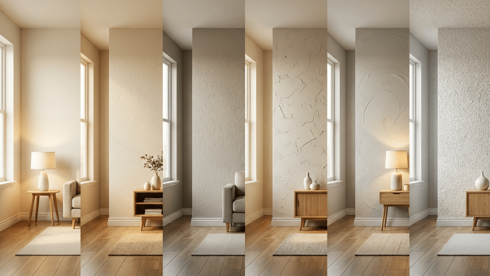 Collage of drywall wall textures used in homes including smooth, orange peel, knockdown, and skip trowel finishes