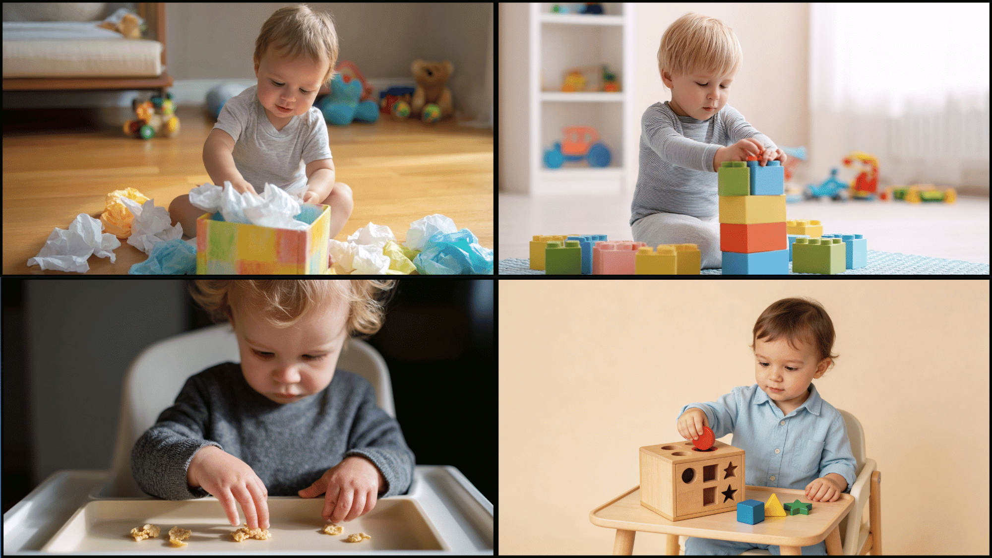 Collage of four images showing toddlers engaged in different fine motor skill activities.