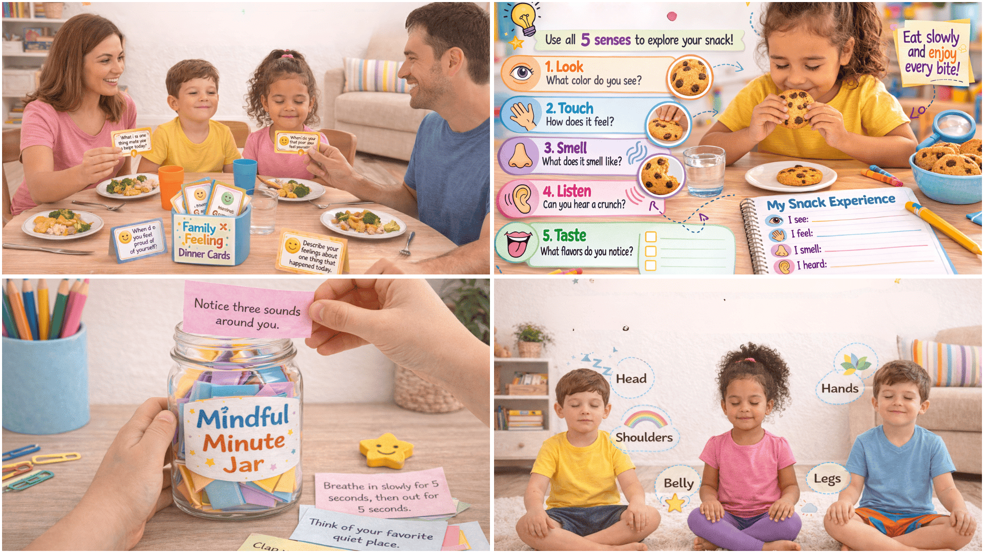 Collage of kids and families practicing mindfulness activities dinner conversation cards, mindful eating snack, mindful minute jar, and body scan meditation. (1)