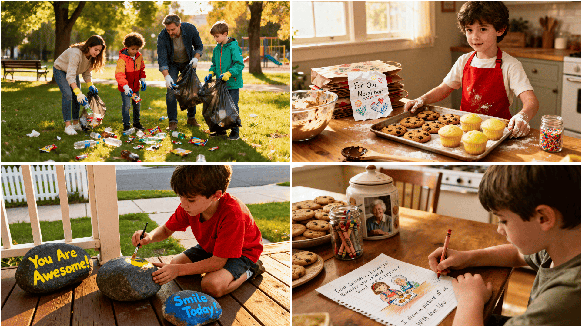 Collage of kids doing kind acts cleaning a park, baking treats for a neighbor, painting positive rocks, and writing a heartfelt letter.