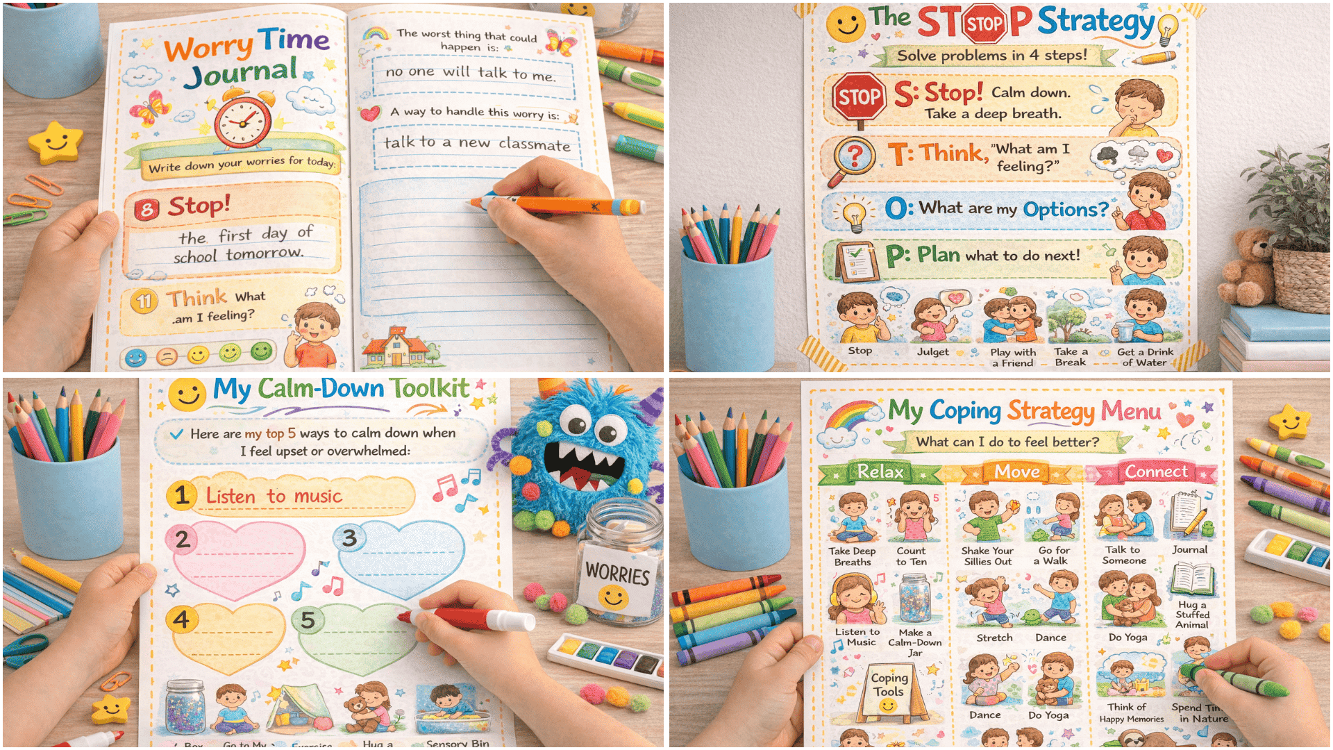 Collage of kids’ emotional regulation tools worry time journal, STOP strategy poster, calm-down toolkit worksheet, and coping strategy menu printable.