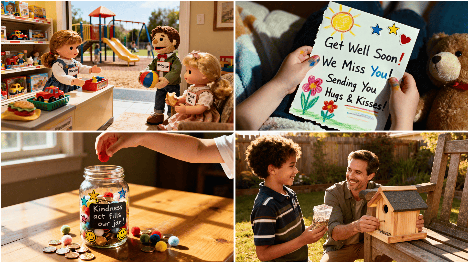 _Collage of kids learning kindness role-playing shop, making a get-well card, adding coins to a kindness jar, and feeding birds together.