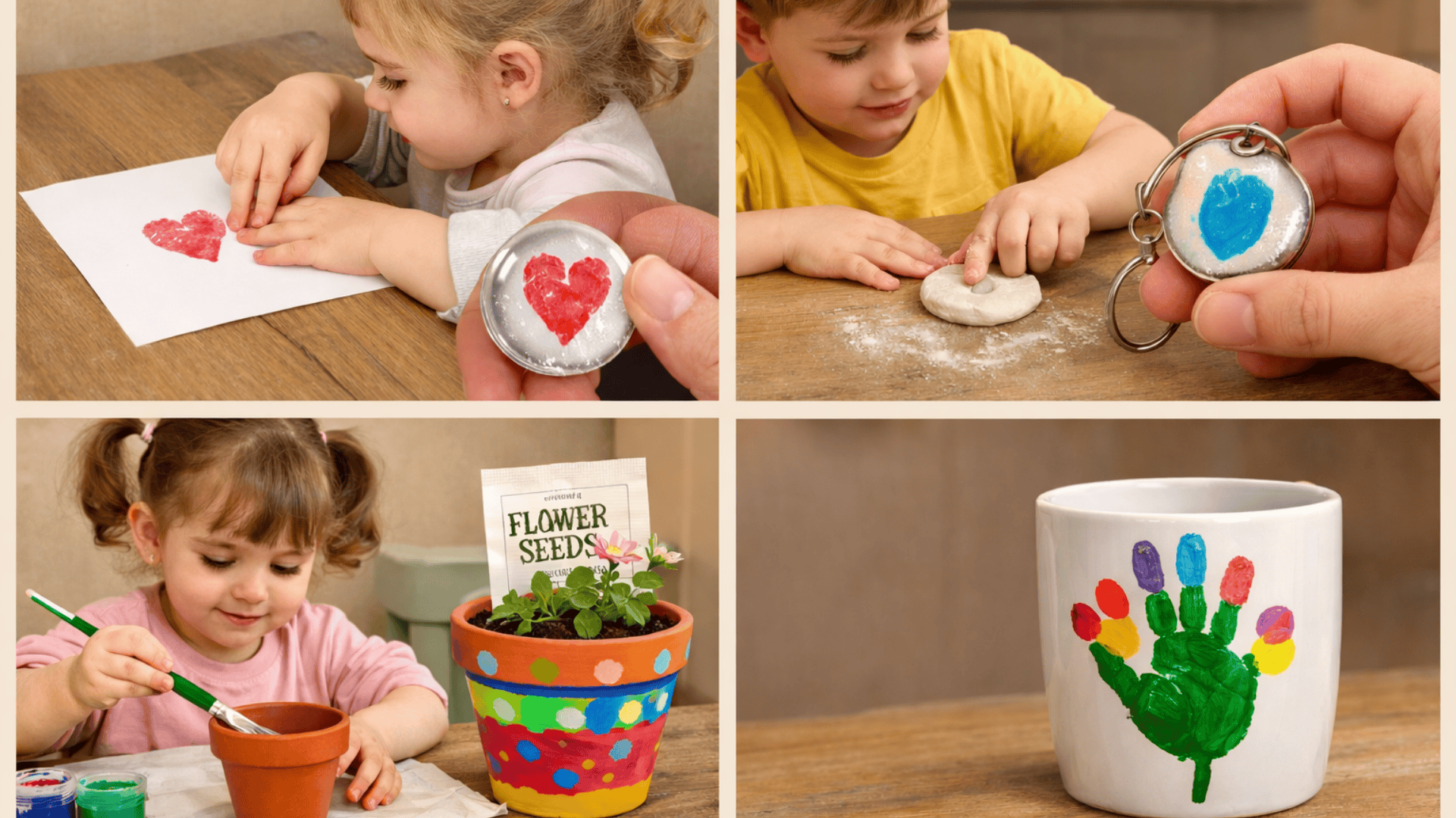 Collage of kids making crafts fingerprint heart gem, salt dough keyring, painted pot, and handprint mug on beige background