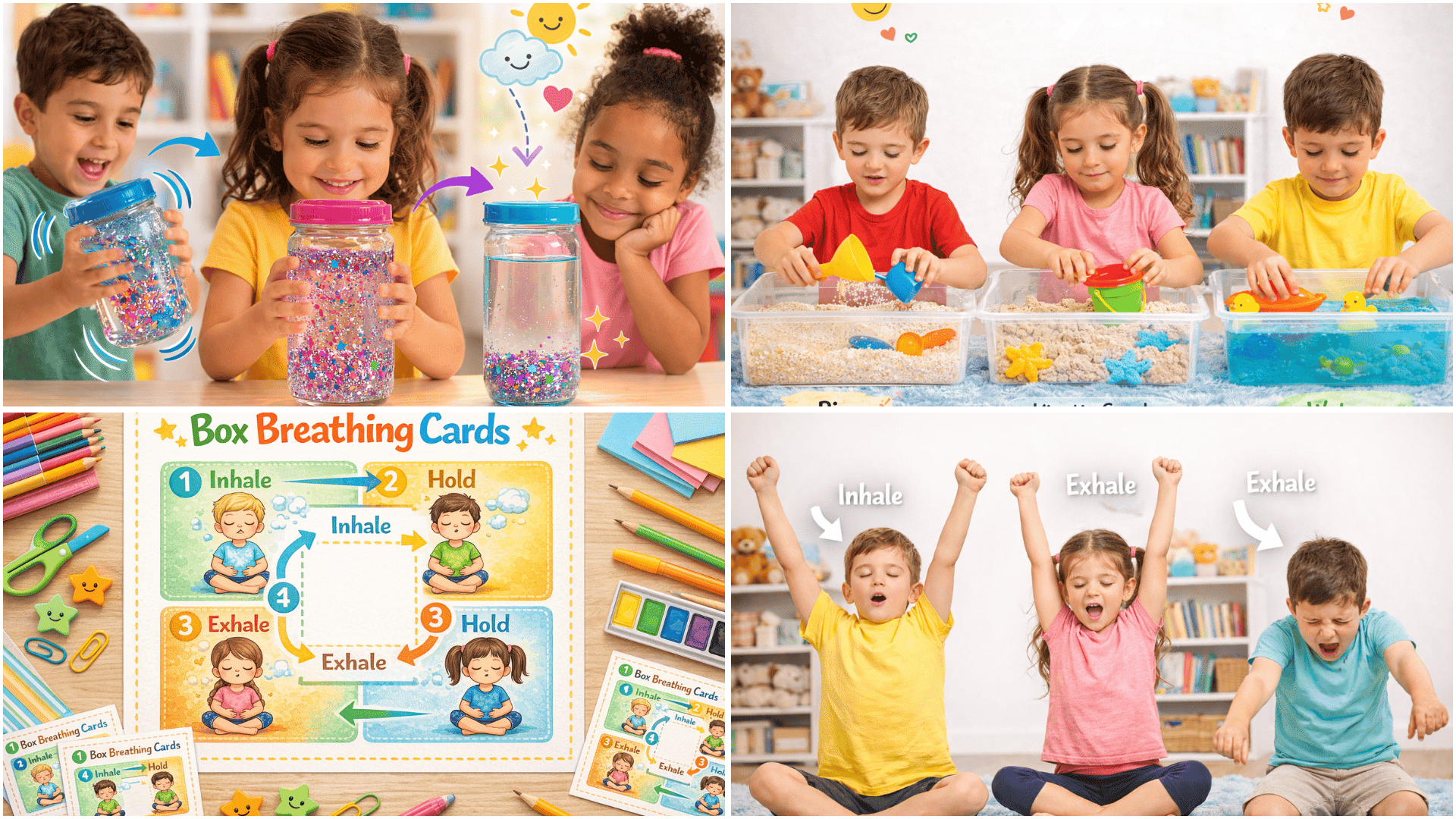 Collage of kids practicing calming activities including glitter jar watching, sensory bin play, box breathing cards, and guided breathing.