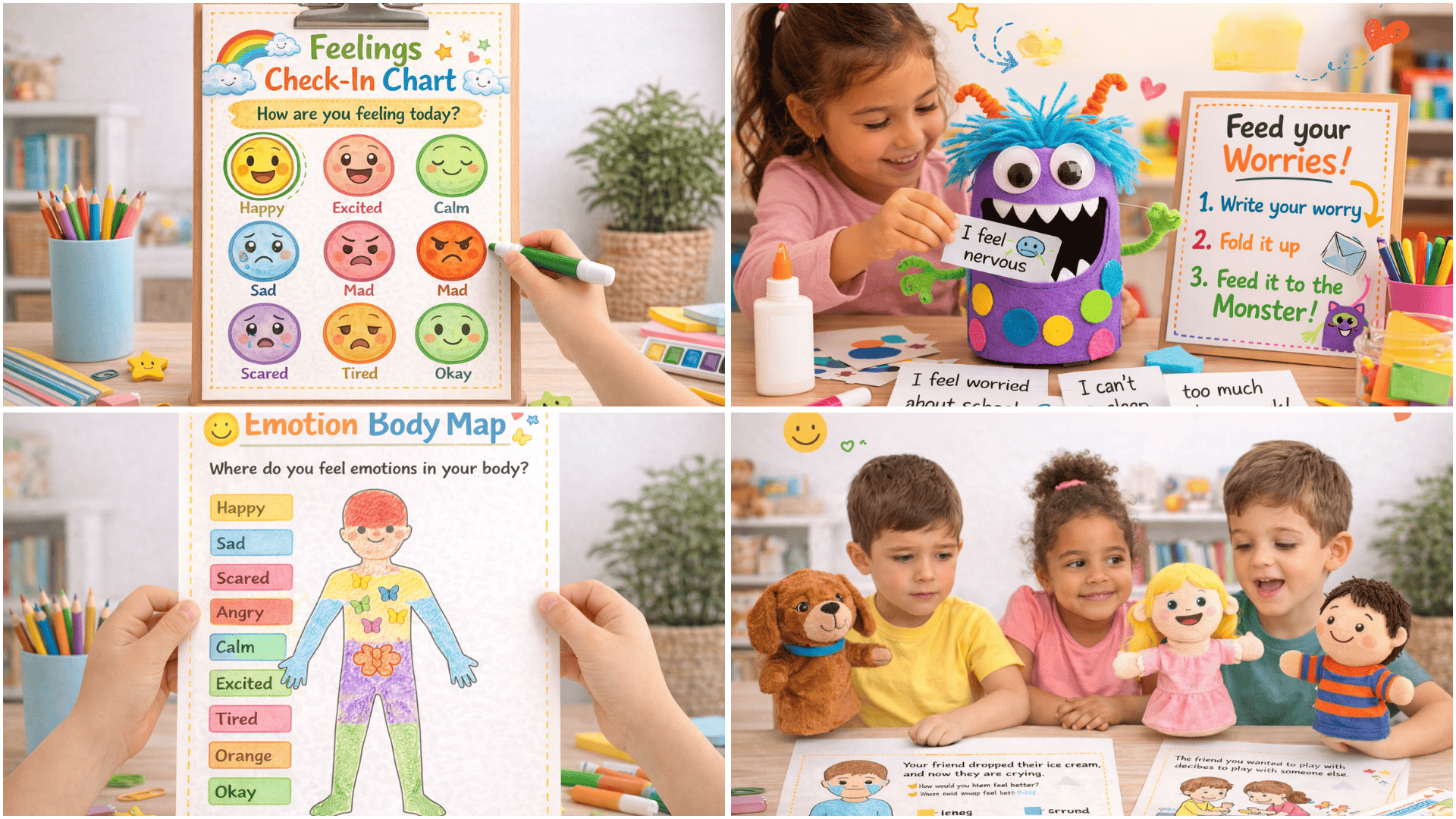 Collage of kids using emotional learning tools feelings check-in chart, worry monster craft, emotion body map worksheet, and puppet role-play activity.