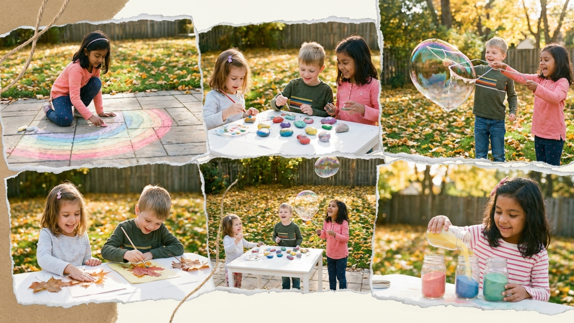 Collage of outdoor summer crafts for kids including chalk art and rock painting