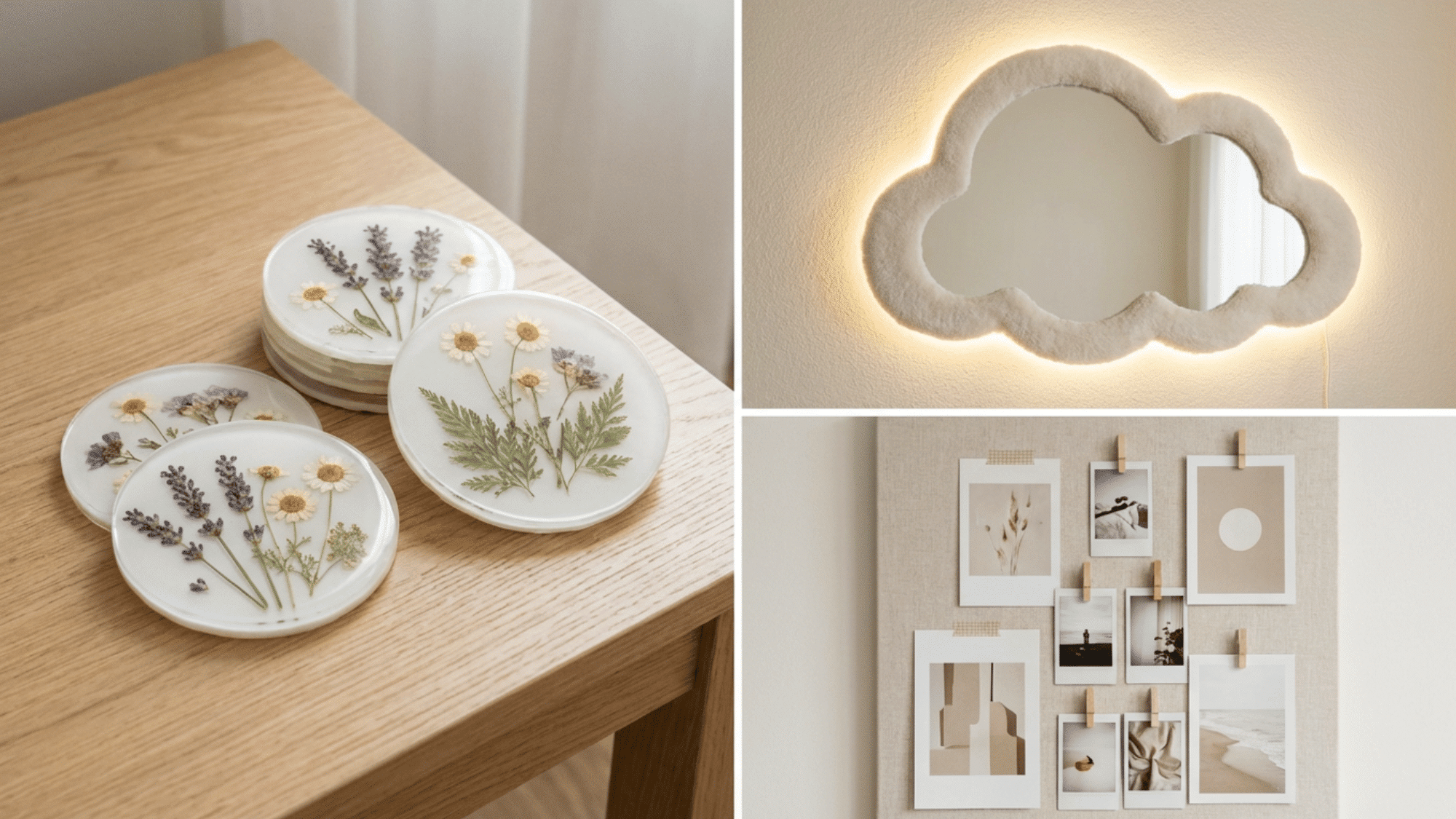 Collage of resin coasters, cloud mirror, and aesthetic photo wall decor ideas