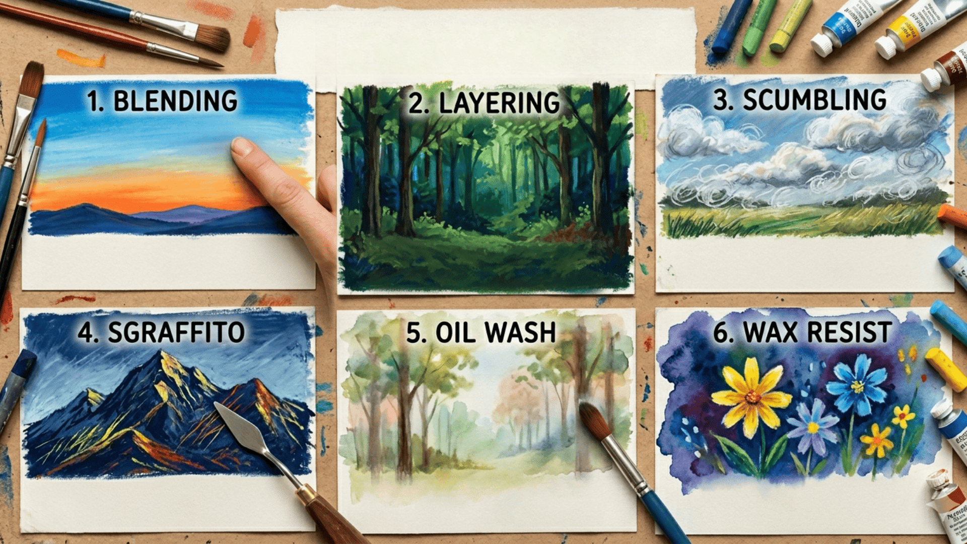 Collage of six oil pastel techniques (Blending, Layering, Scumbling, Sgraffito, Oil Wash, Wax Resist) with visual examples.