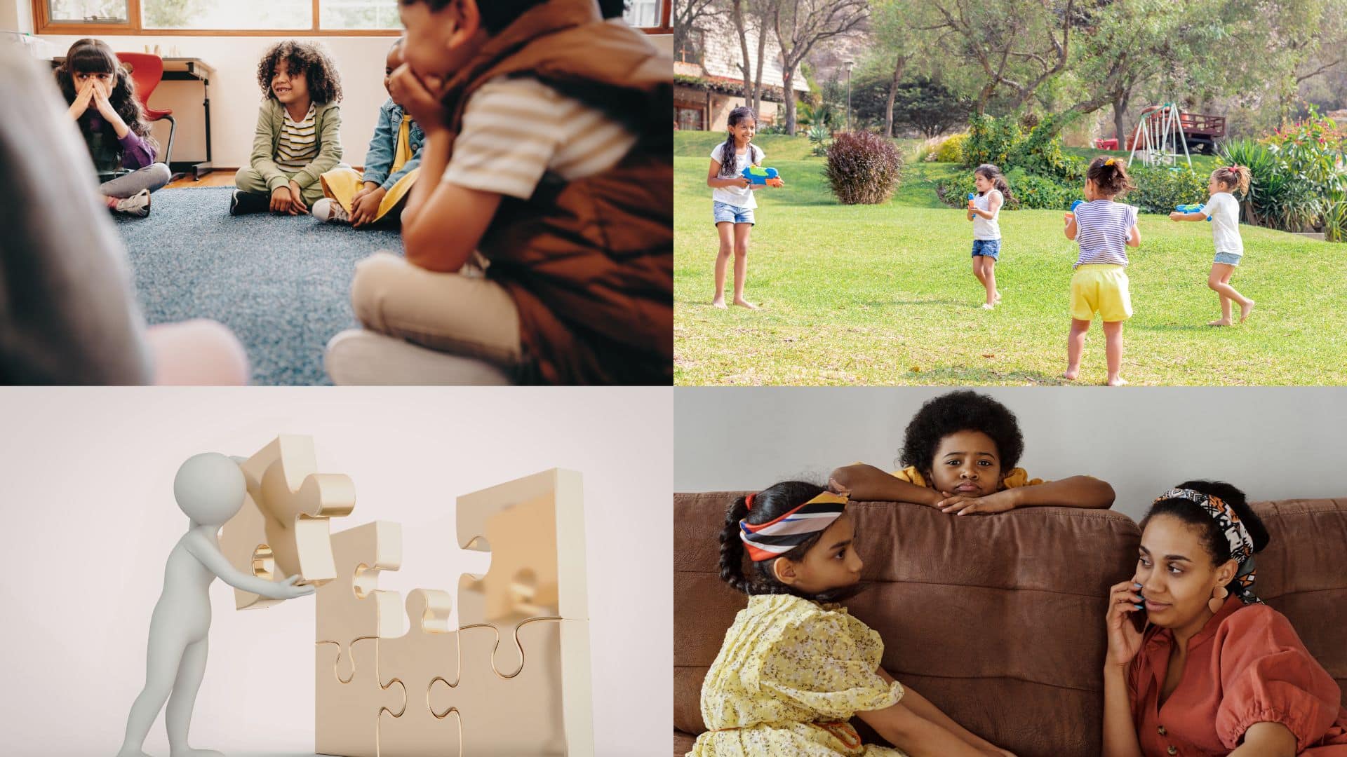 Collage of social skills activities kids sharing in circle time, children playing outdoors, teamwork puzzle concept, and family talk