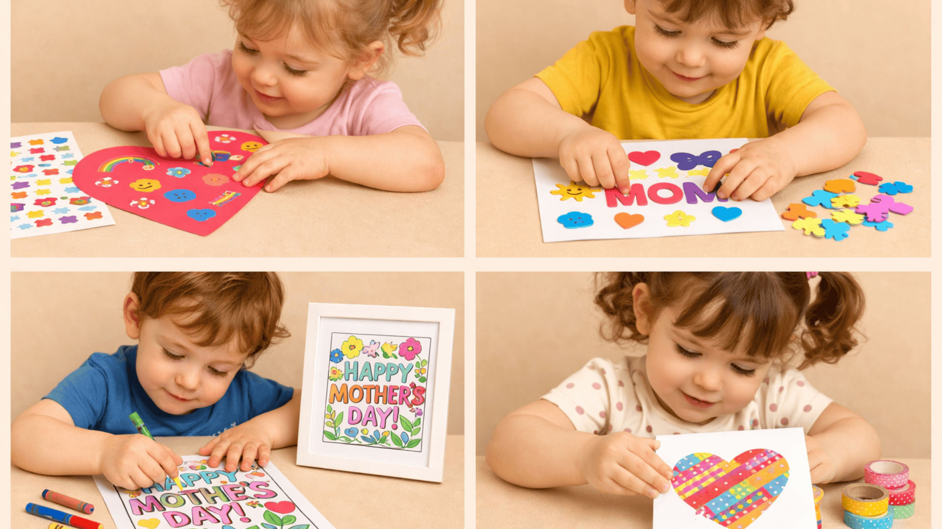 Collage of toddlers making crafts sticker heart, foam card, coloring page frame, and washi tape heart on beige background
