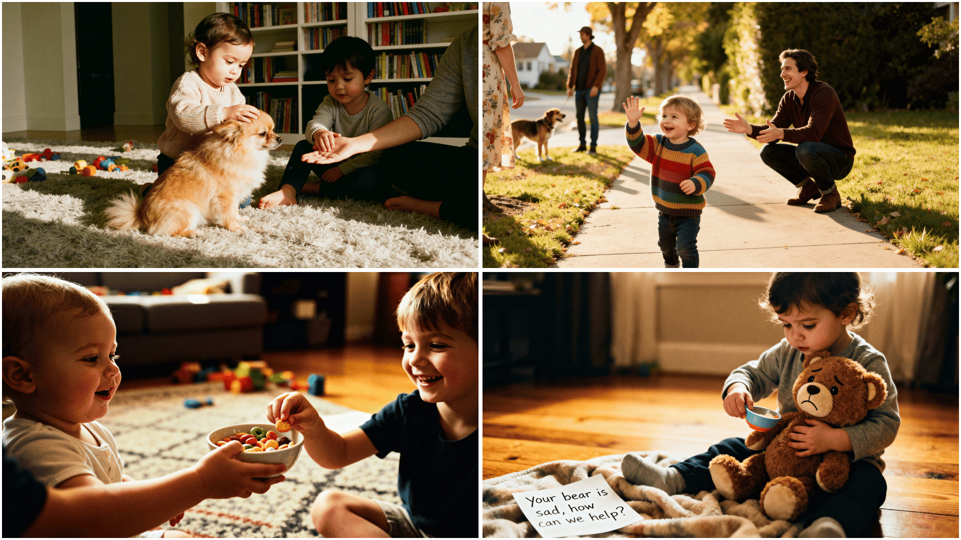 Collage of toddlers playing with a dog, greeting parents outside, sharing cereal, and caring for a teddy bear during cozy home moments.