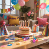 Colorful birthday party setup at home with balloons and decorations