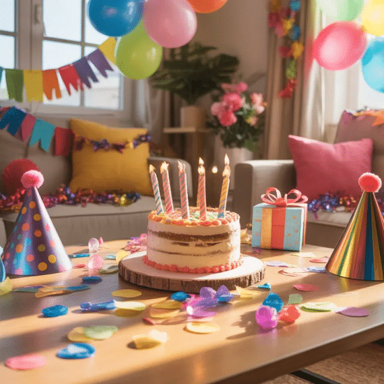 Colorful birthday party setup at home with balloons and decorations