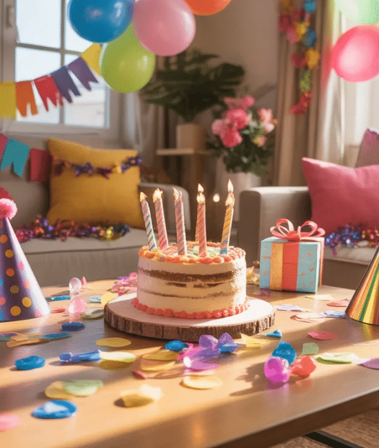 Colorful birthday party setup at home with balloons and decorations