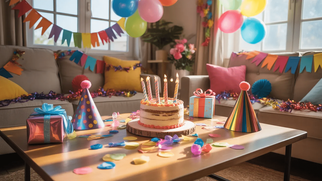 Colorful birthday party setup at home with balloons and decorations