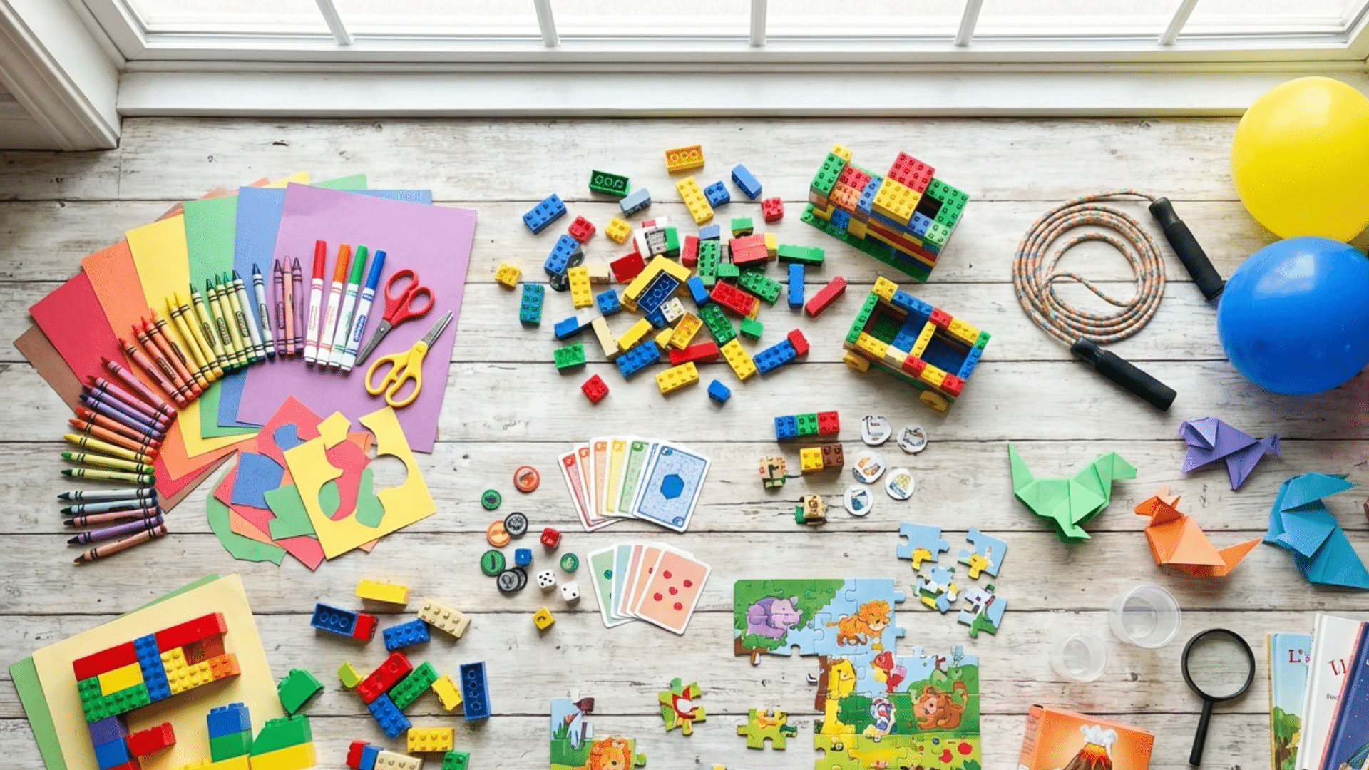 Colorful collage of indoor kids activities including crafts, puzzles, games, and toys arranged on a floor at home