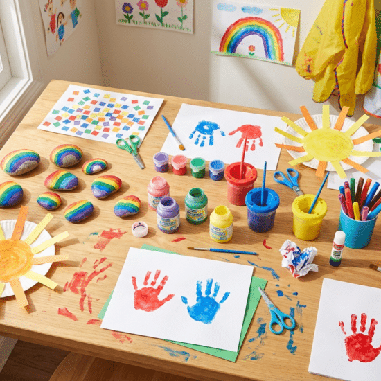 Colorful collection of easy art projects for kids with craft supplies on a table