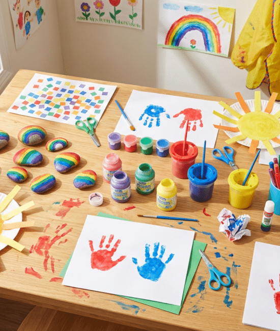 Colorful collection of easy art projects for kids with craft supplies on a table