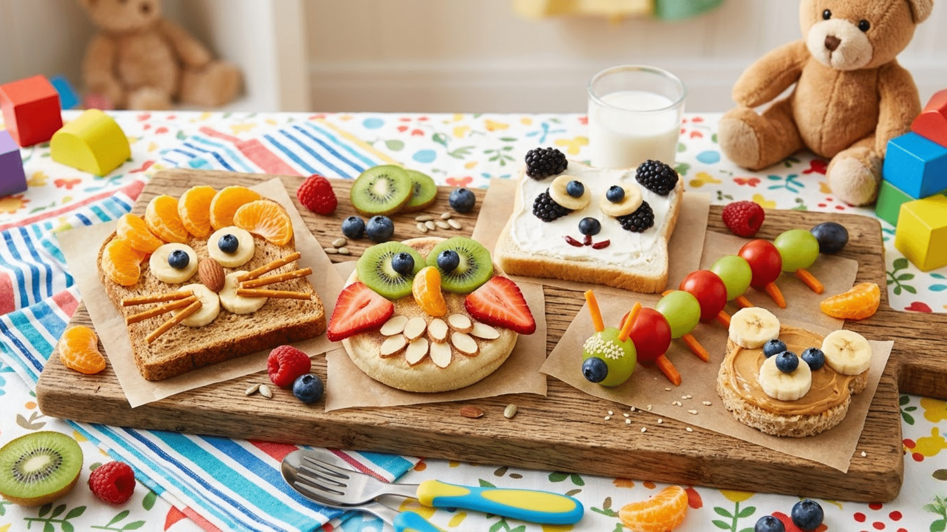Colorful creative snacks shaped like faces or animals using fruits and bread