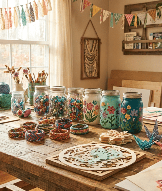 Colorful homemade crafts like paper art, jars, candles, and bracelets arranged on a creative workspace