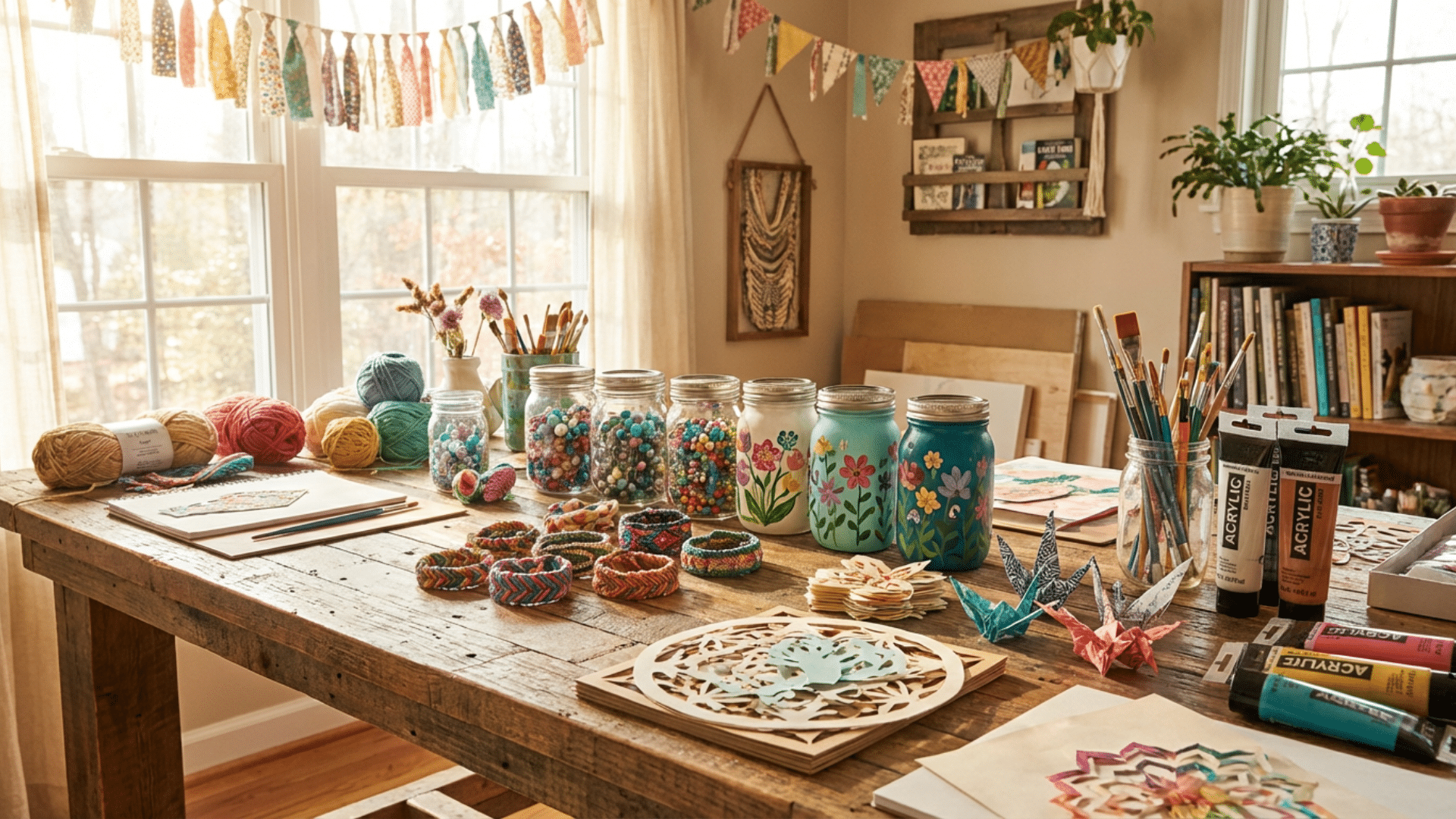 Colorful homemade crafts like paper art, jars, candles, and bracelets arranged on a creative workspace
