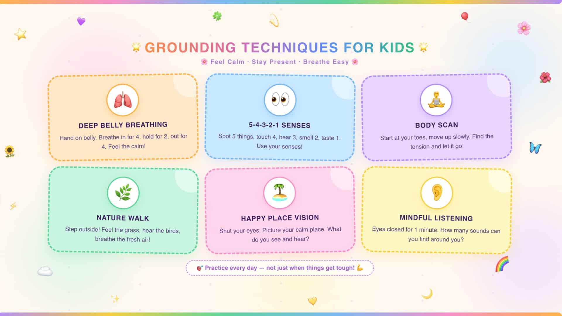 Colorful infographic of grounding techniques for kids showing deep belly breathing, 5-4-3-2-1 senses, body scan, nature walk, visualization, and mindful listening
