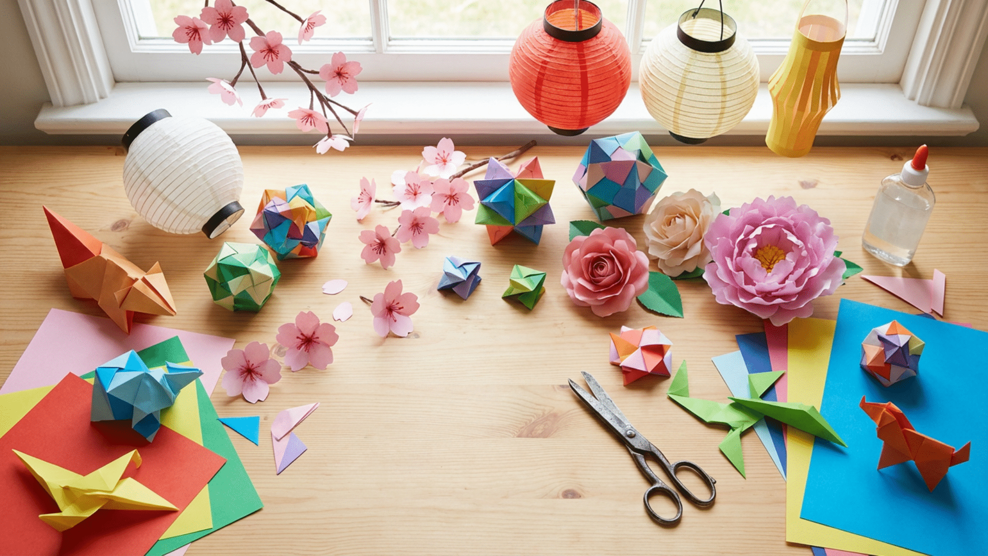 Colorful paper crafts including origami, flowers, and lanterns displayed on a neat desk