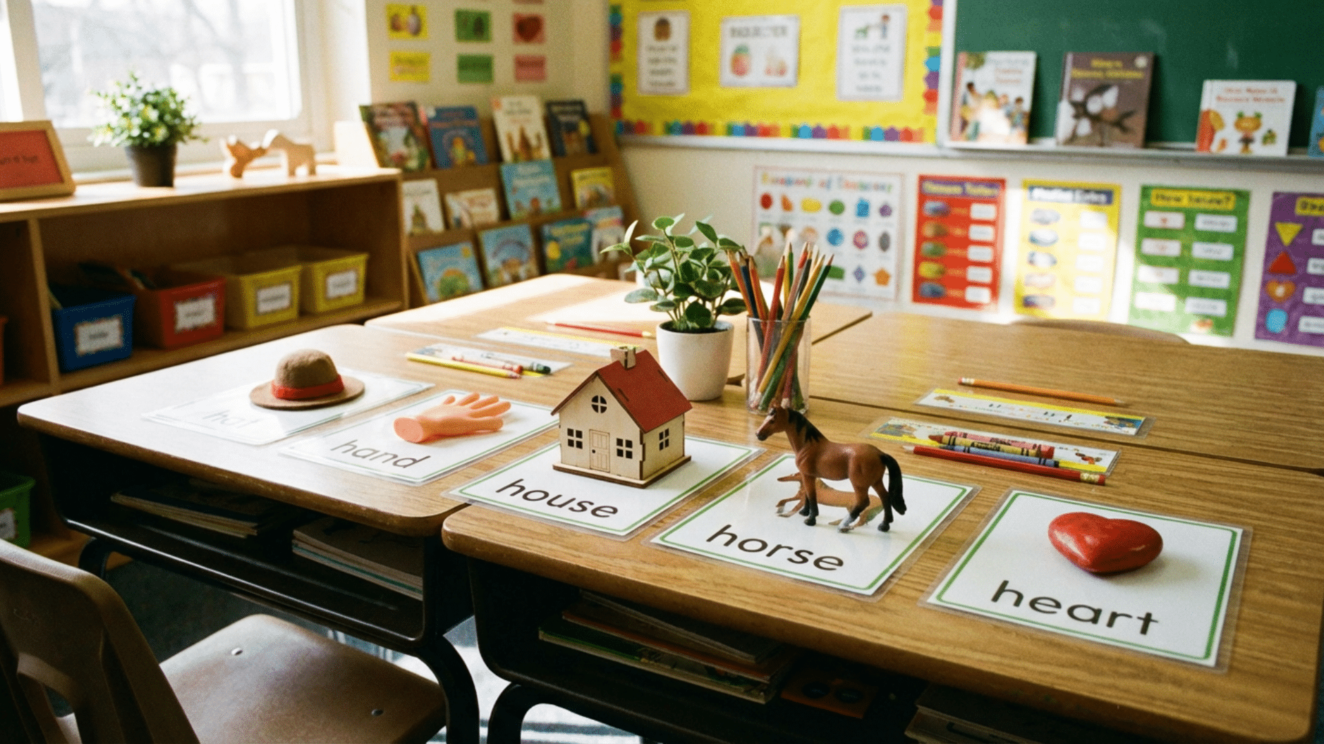 Common H words for kids shown with learning cards and objects