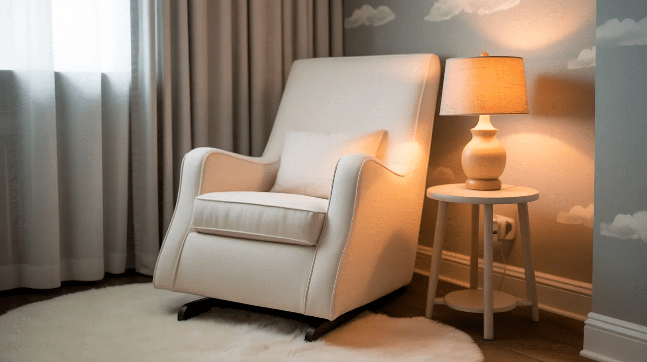 Compact glider chair in small nursery.