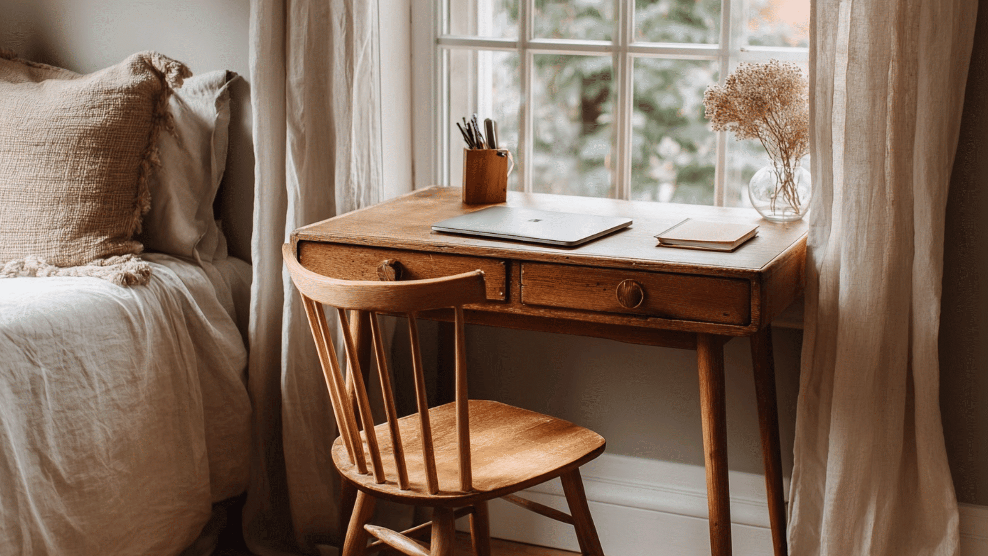 Compact writing desk with notebook and chair in a simple study corner.