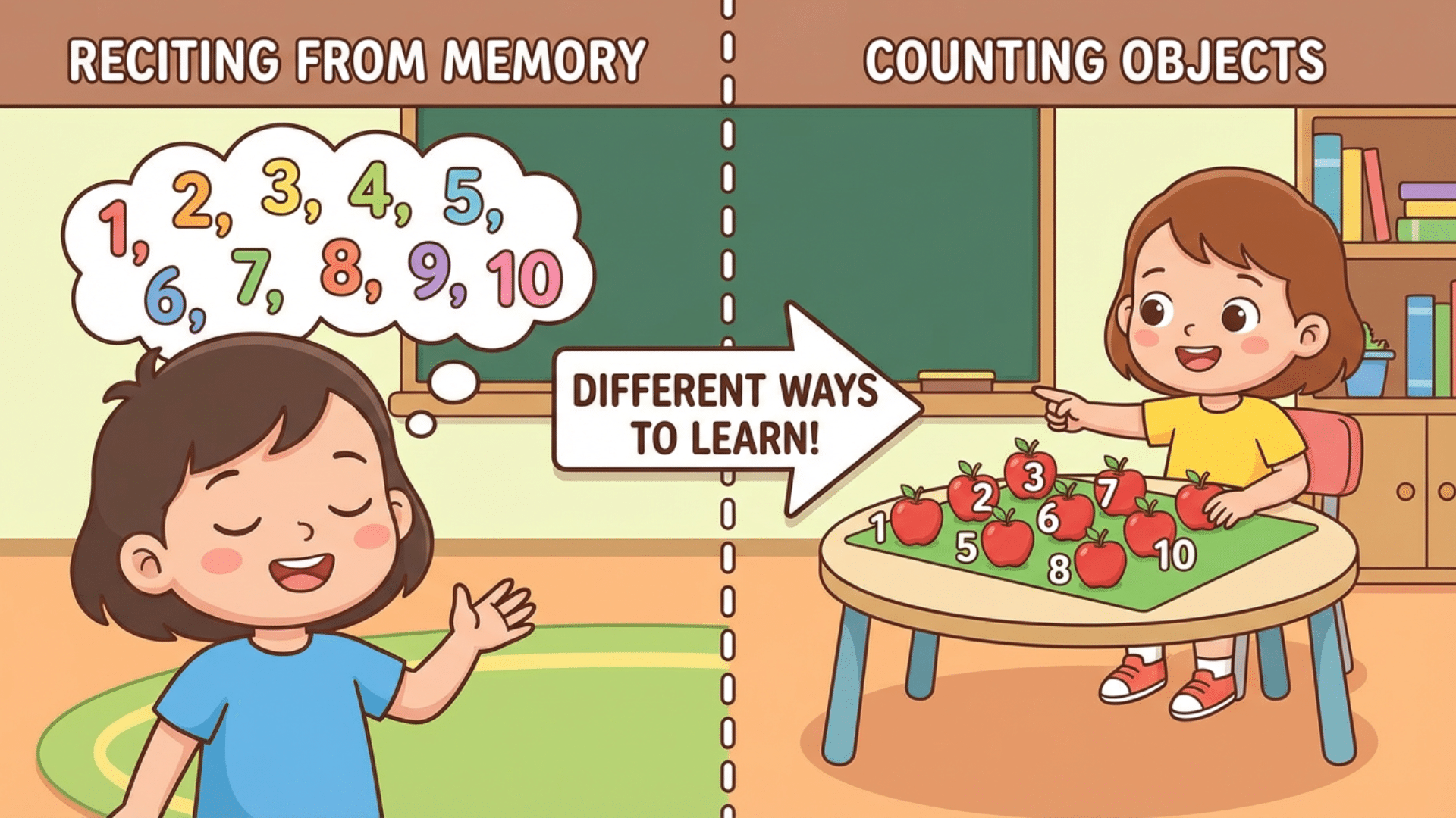 Comparison between rote counting and understanding numbers with objects